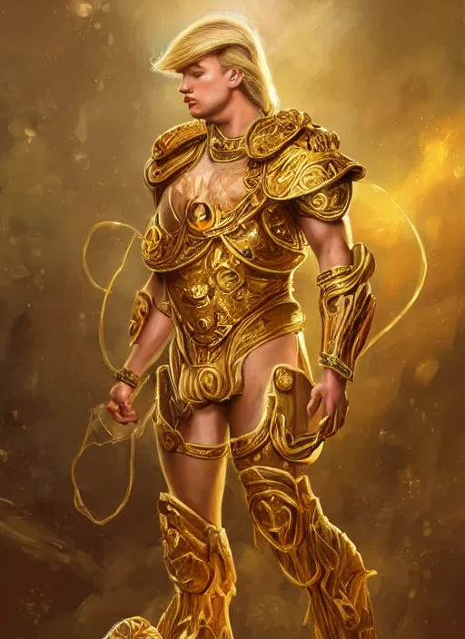 Prompt: a professional painting of a young Donald Trump, wearing skimpy ornate, detailed, intricate golden armor, olive skin, long dark hair, intricate, elegant, digital painting, concept art, smooth, nice background bokeh, illustration, from StarCraft by Ruan Jia and Mandy Jurgens and Artgerm and William-Adolphe Bouguerea