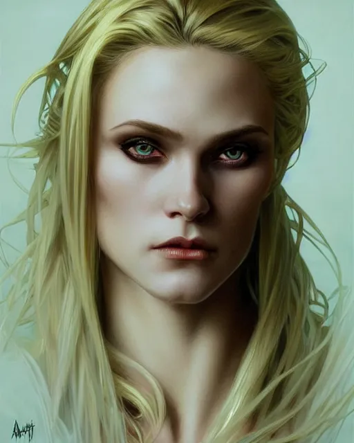 Image similar to portrait of a blonde vampire, dark, piercing eyes, gentle expression, elegant clothing, photorealistic, highly detailed, artstation, smooth, sharp focus, art by michael whelan, artgerm, greg rutkowski and alphonse mucha