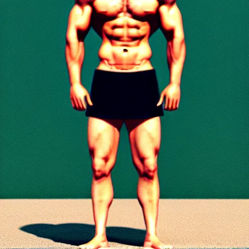 Prompt: a buff shirtless male standing in the sun covered in sweat putting is hand on his lower stomach, render, blender render, unity render, 4 k wallpaper, art station trending, artstation 4 k coherent, coherent, 4 k, detailed, hyperdetailed, artifact - free, completely coherent, sharp, madison beer