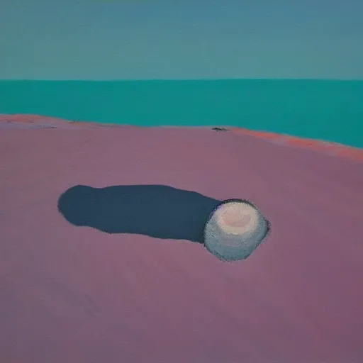 Prompt: a fauvist painting of a strange metallic object poking out from the sand, late evening light