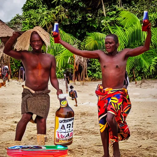 Prompt: bang man drinking bongo beer on tanzania on bongo beach dancing to bongo music Africa bongo people and love, realistic photo, surreal place