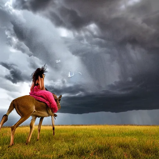 Prompt: 4 k hdr wide angle detailed portrait of a beautiful instagram model woman riding on top of a wild buck deer in a rain shower during a storm with thunder clouds overhead and moody stormy lighting sony a 7