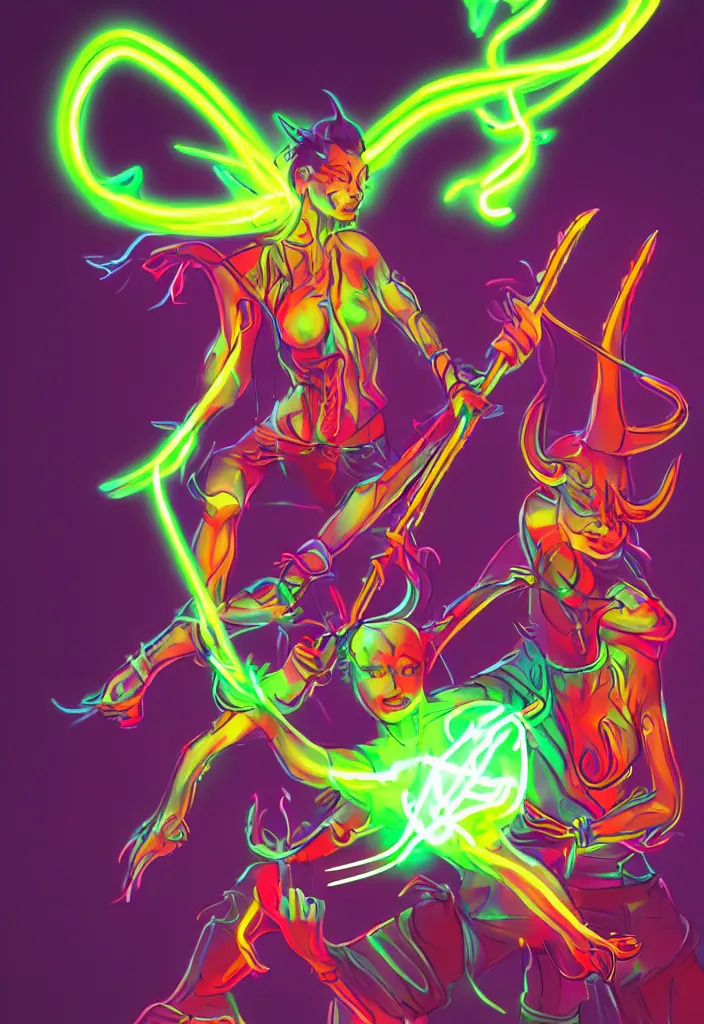 Image similar to , woman with neon sword fighting a horned demon, digital effects glowing ,digital art, illustration, closeup, stylized, cel shaded