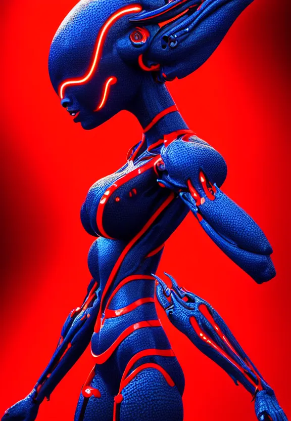 Image similar to ultra realist intricate detailed painting of a single attractive alien female, red sky, red and blue lighting, full body, curvy, black scales and cyborg tech, symmetry accurate features, very intricate details, focus, 8k render, artstyle Hiraku Tanaka, award winning