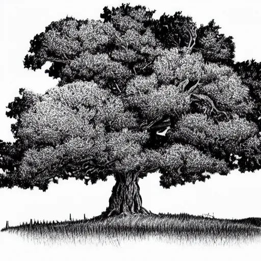 Prompt: oak tree on a grasslands hill, logo, pencil drawing, sharp lines, detailed