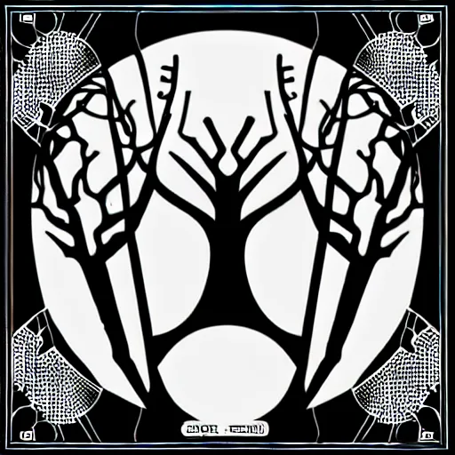 Prompt: black and white sci fi luxury themed svg vector art panel for cnc plasma, laser, stencil, unique art nouveau deco hole through circuit cedar tree forest design