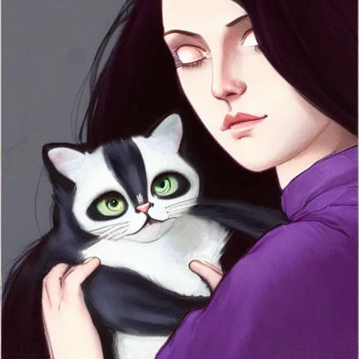 Prompt: emo girl and her cat, with long dark hair, thick eyebrows!!! deep dark big eyes and dark circles!, wide nose!!!, oval face shape, big cheeks!, violet from the incredibles by greg rutkowski and alphonse mucha, pexels contest winner, high quality photo, rtx, hd
