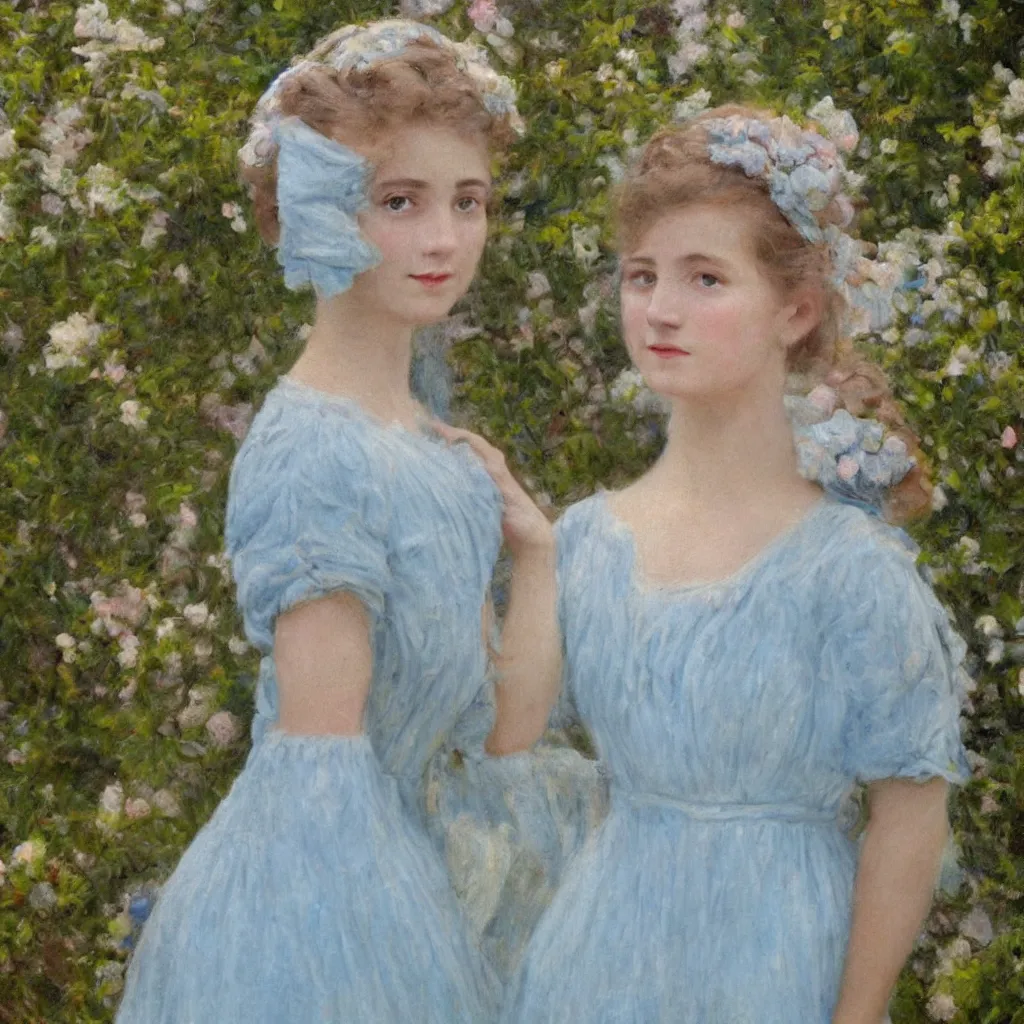 Image similar to portrait of a young lady in a light blue dress 1 9 0 0 s one entire head shown in great detail, she doesn't have a face, in a beautiful garden, looking at the camera, full body in camera, blonde hair, garden, photorealistic, extreme detail, sharp focus, 8 k, intricate, hyper detailed, realistic, cinematic lighting