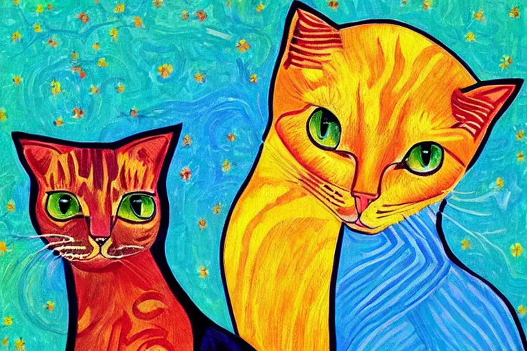 Image similar to beautiful art illustration of cat by laurel burch and van gogh, oil painting, highly detailed