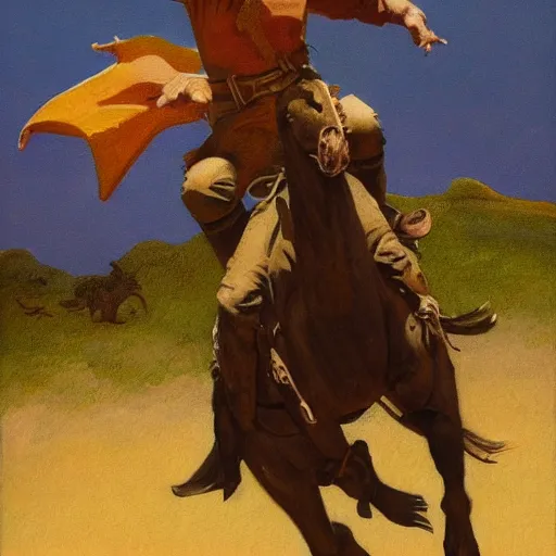 Prompt: a painting of a cowboy riding a dinosaur in the style of n. c. wyeth and in the style of james gurney.