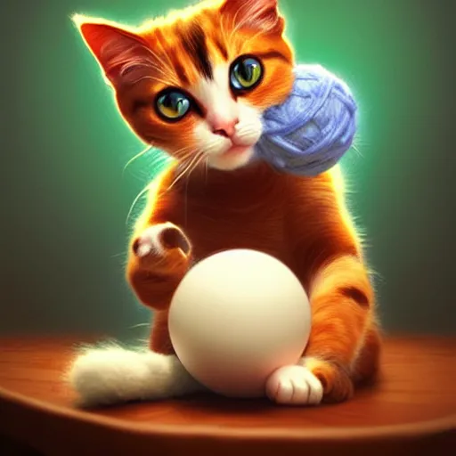 Image similar to a cute calico cat playing with a ball of yarn, artstation, cgsociety, storybook art