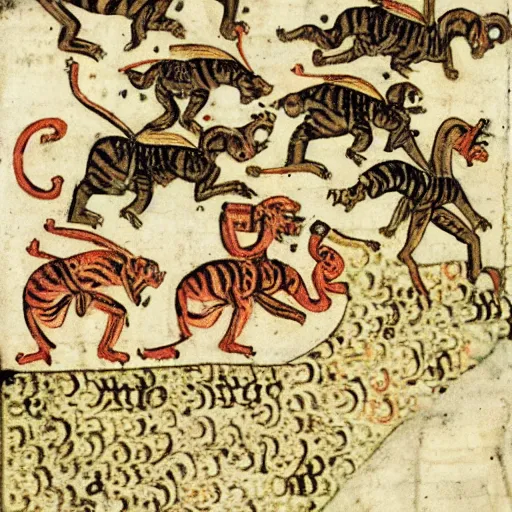 Prompt: tiger fire with many legs flying in a medieval manuscript, medieval manuscript, golden miniatures