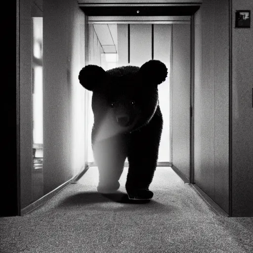 Image similar to dark photograph of a small bear mascot walking through a large wooden doorway