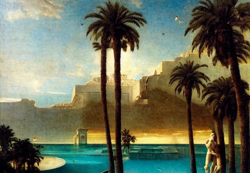 Image similar to The biggest palace ever made, thunderstorm, greek pool, beach and palm trees on the background major arcana sky, by paul delaroche, hyperrealistic 8k, very detailed