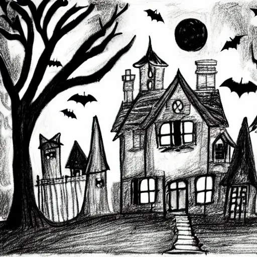 Image similar to halloween drawing by a child, haunted house, witch flying across the sky, full moon,