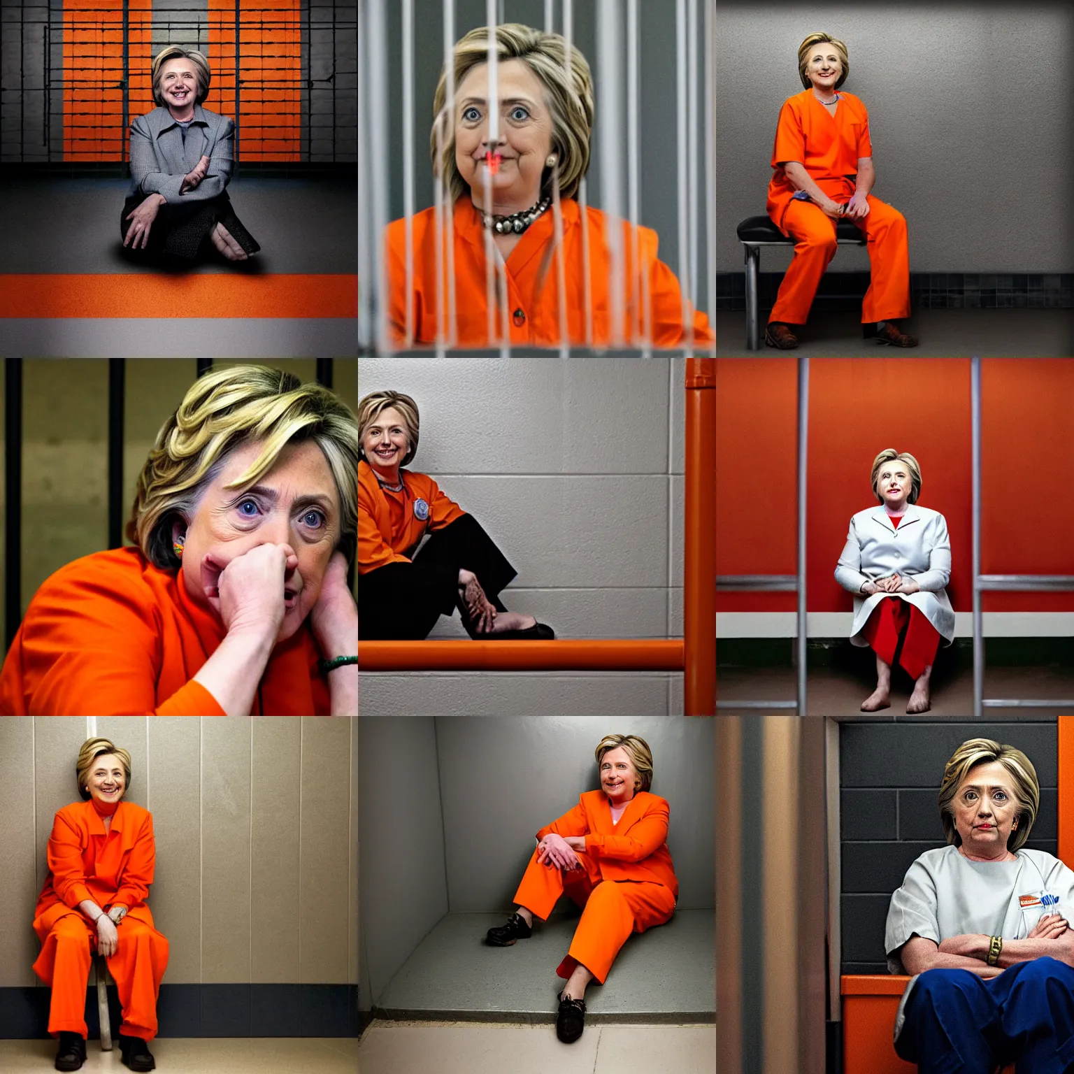 Prompt: photo, national geographic, hillary clinton sitting in a jail cell behind bars, dressed in orange inmate attire, award winning, 5 0 mm, blurred background,
