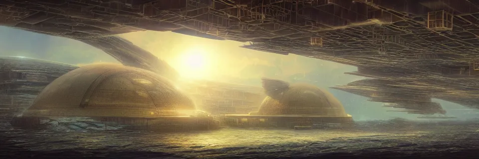 Prompt: a beautiful digital illustration of a sprawling underwater city under a series of domes by Bob Eggleton and beeple | cinematic | unreal engine | octane | photorealistic | horizontal symmetry