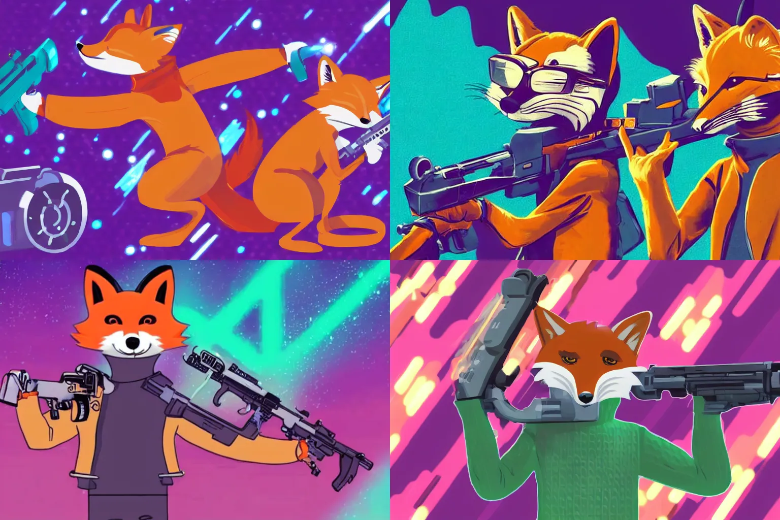 Prompt: An anthropomorphic fox wearing a turtleneck sweater, holding a futuristic machine gun in a retrowave setting