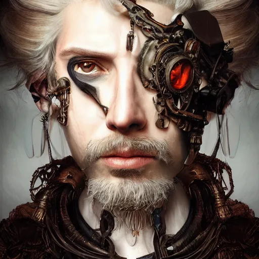 Image similar to portrait, headshot, insanely nice professional hair style, dramatic hair color, digital painting, of a old 17th century, old cyborg merchant, amber jewels, baroque, ornate clothing, scifi, realistic, hyperdetailed, chiaroscuro, concept art, art by Franz Hals and Jon Foster and Ayami Kojima and Amano and Karol Bak,