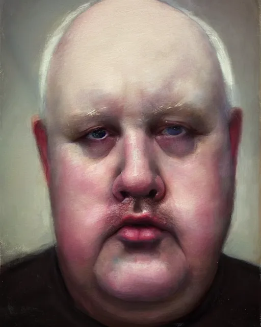 Prompt: an extreme close up portrait a very ordinary overweight old man with an blank expression, by sarah moon, very pale skin, very blurry, translucent white skin, foggy, oil painting, photorealistic, anatomically correct, beautiful perfect face, visible brushstrokes, sharp focus, highly detailed, cinematic lighting, 8 k, hd