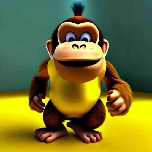 Prompt: Donkey Kong stepping on a banana. The banana is on the ground, Donkey Kong is above the banana. 3D render