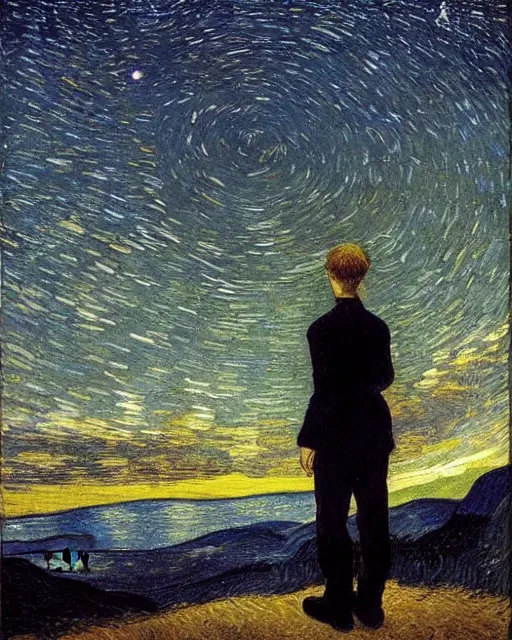 Image similar to a person looking at the night sky with stars, colorful, beautiful, national geographic, very detailed, astrophotography, oil painting, canvas, Theodor Kittelsen, Vincent van Gogh, Caspar David Friedrich