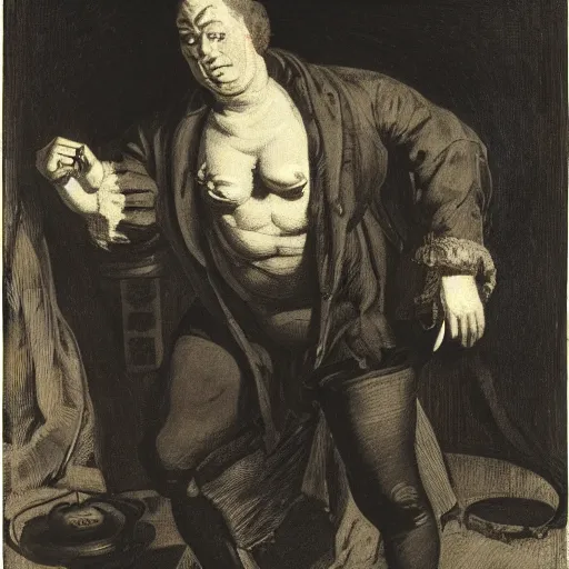 Image similar to subtle, sinister cobalt by william hogarth, by james mcintosh patrick. a mixed mediart of a large, black - clad figure of the king looming over a small, defenseless figure huddled at his feet. the king's face is hidden in shadow. menacing stance, large, sharp claws, dangerous & powerful creature.