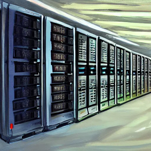 Prompt: a painting of data center server rack that's caught fire!!!!!!!, fire on data center