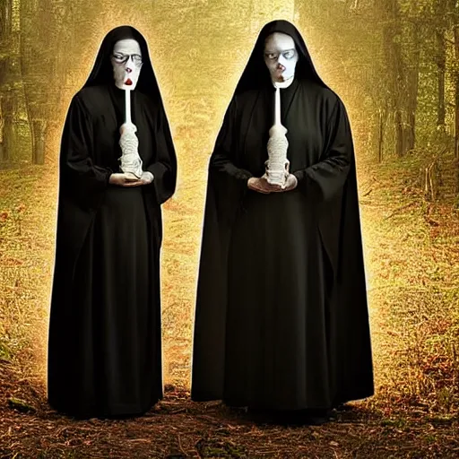 Image similar to award winning photo Floating twin nuns wearing translucent habits Very long arms, smiling, in a sanctuary, eerie, frightening, glowing eyes —width 1024 —height 1024