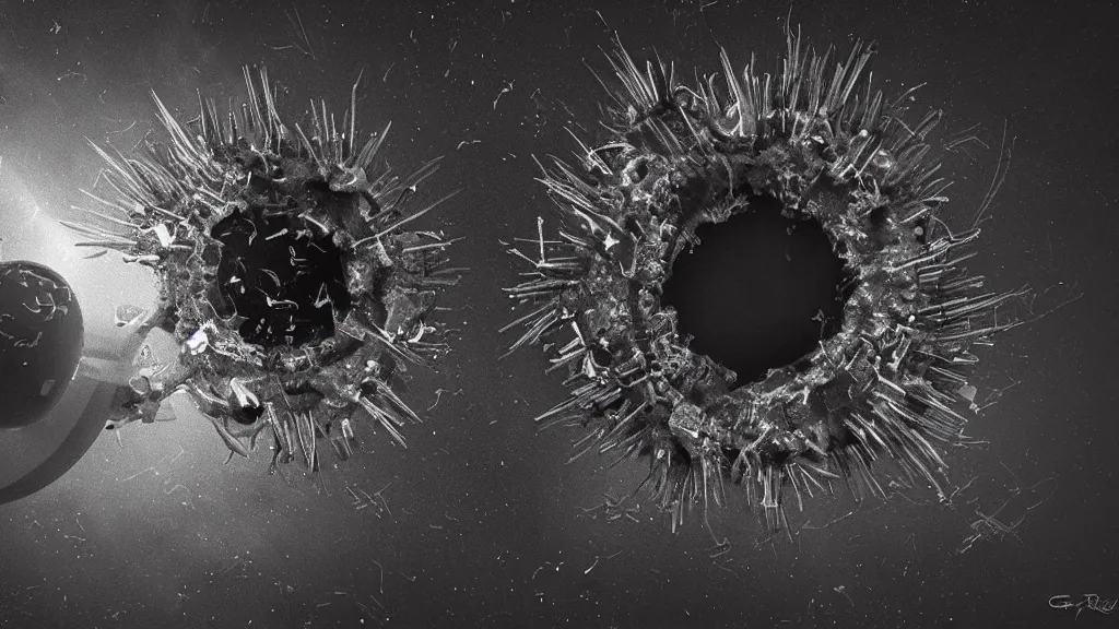 Image similar to a beautiful microscopic scientific photo of a coronavirus and a strange life form seen through an electron microscope, dark, sinister, detailed, art by Greg Rutkowski