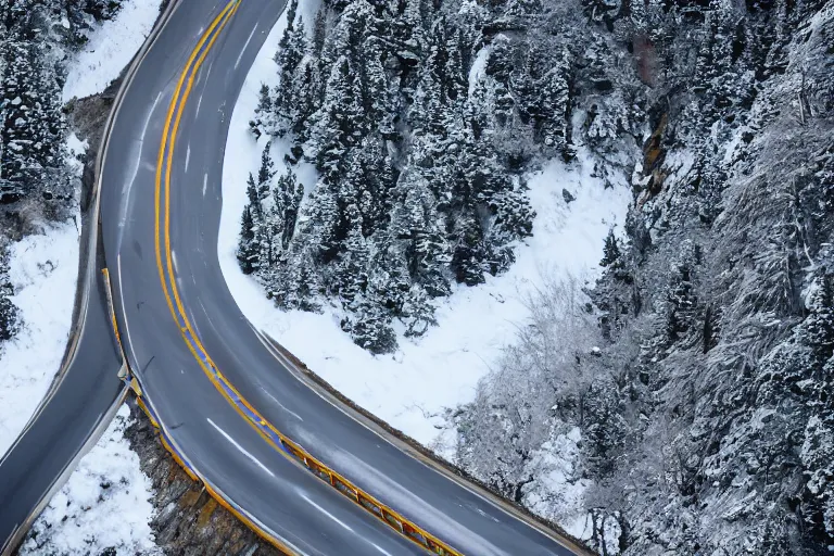 Image similar to a dangerous winding road route on an icy snowy cliff, blizzard, photo