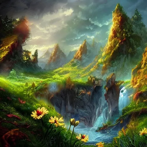 Image similar to a very beautiful stunning scenic landscape, fantasy, concept art