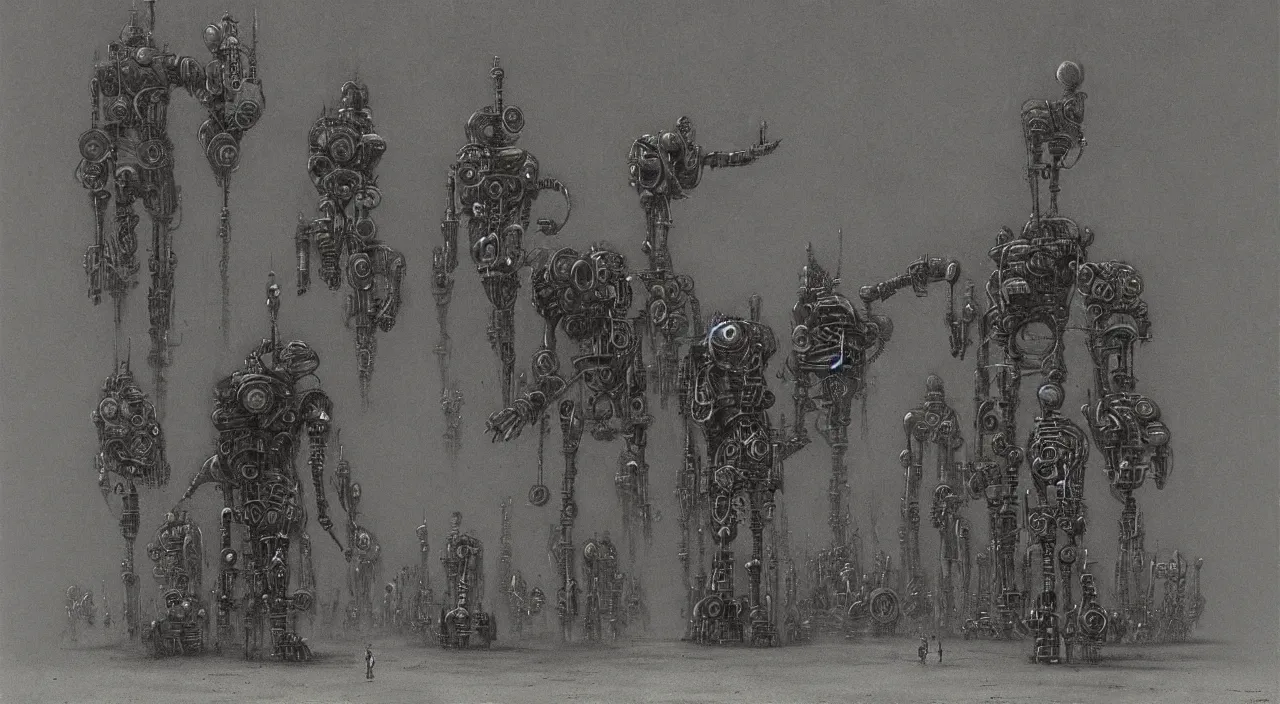 Prompt: steampunk robots by vladislav beksinski