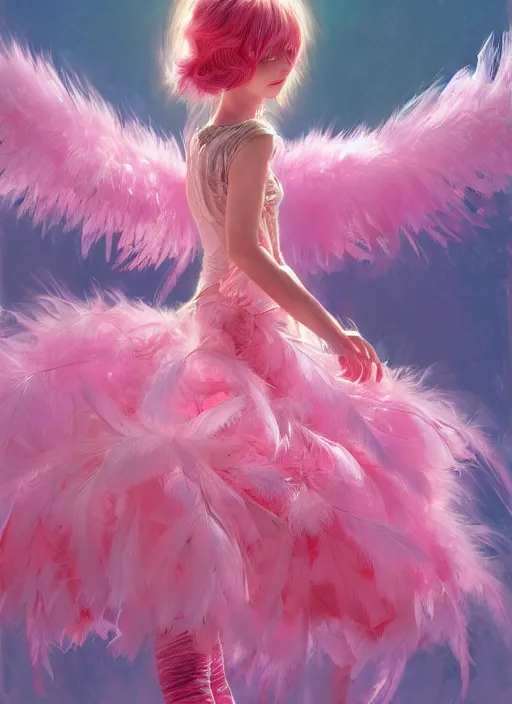 Prompt: beautiful little girl with an pink eccentric haircut wearing an dress made of feathers dancing on stage, artwork made by ilya kuvshinov, inspired in donato giancola, hd, ultra realistic, reflection, flowers, light, realistic face, bird, trending on pixiv