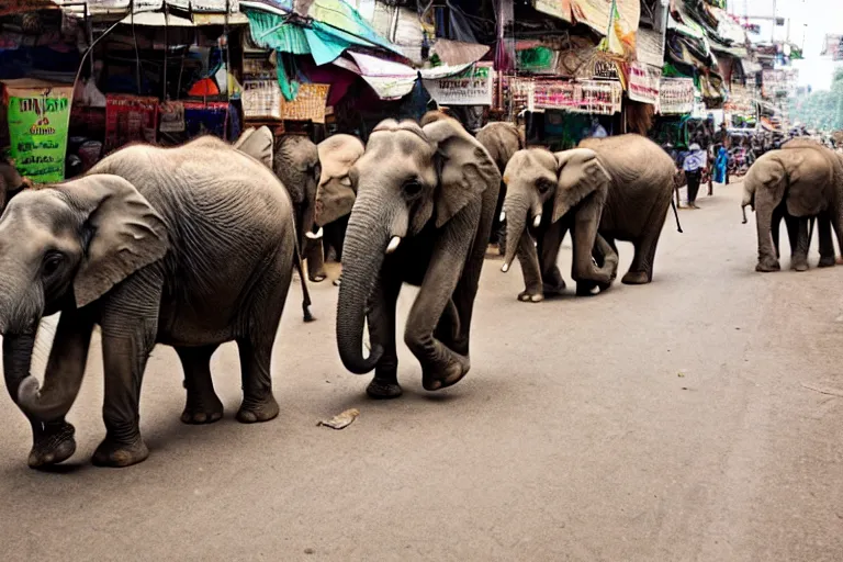 Image similar to elephants walking through an street market in India