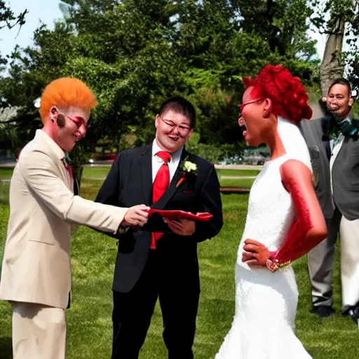 Prompt: a wedding officiated by ronald mcdonald