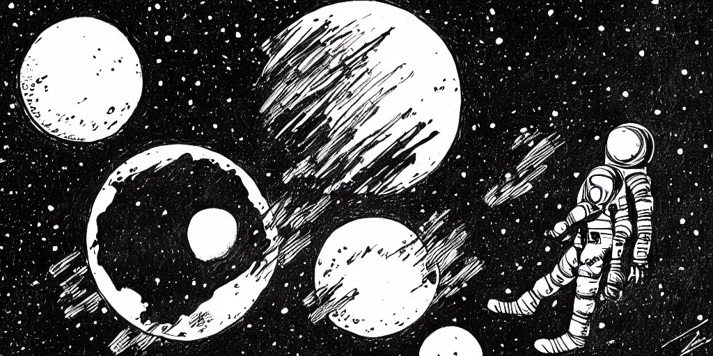 Image similar to ink lineart drawing of a planet, looming over an astronaut's shoulder, wide angle, space background, artstation, etchings by goya, chinese brush pen, illustration, high contrast, deep black tones contour