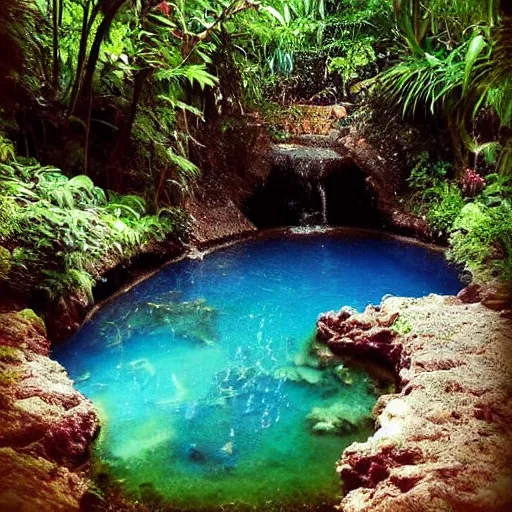 Image similar to beautiful lush magical enchanted serene cozy watery grotto