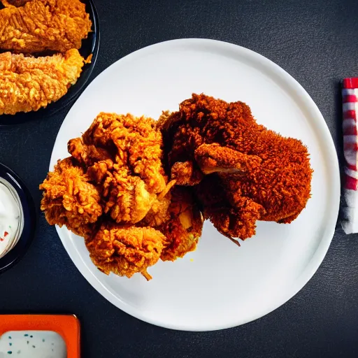 Image similar to A delicious plate of fried chicken, KFC, food photography, michelin star