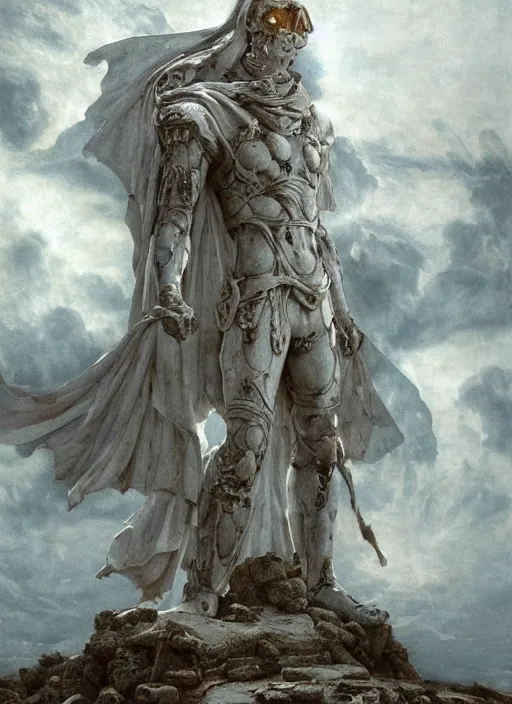 Image similar to ancient statue of a diabolical marble stone cyborg, wearing torn white cape, dynamic pose, thunder, glowing eyes, post apocalyptic ancient ruins, glowing veins subsurface scattering, in clouds, sunset, portrait, by gerald brom, by mikhail vrubel, by peter elson, muted colors, extreme detail, trending on artstation, 8 k