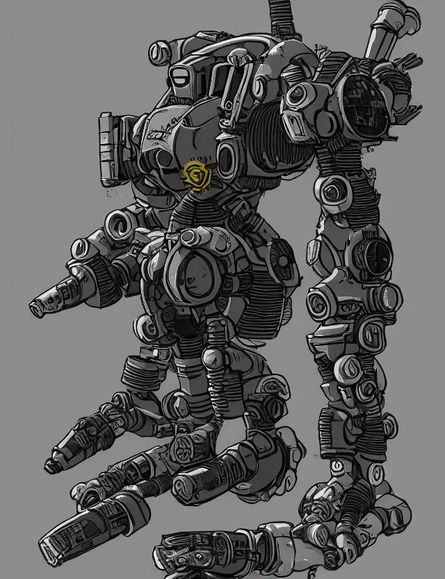 Prompt: a mech in the style of fallout in the style of dragon ball hyper detailed photorealistic hd 8 k post - processing high resolution