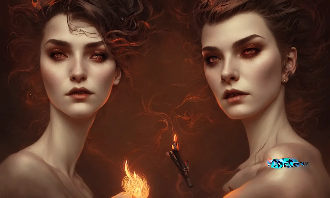 Image similar to A smoking witch closeup filled background around face, fantasy magic, undercut hairstyle, dark light night, intricate, elegant, sharp focus, illustration, highly detailed, digital painting, concept art, matte, art by WLOP and Artgerm and Greg Rutkowski and Alphonse Mucha, masterpiece