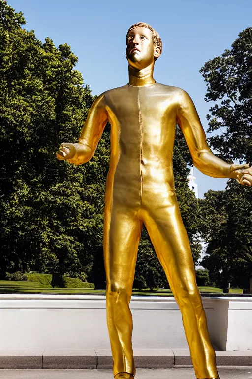 Image similar to A beautiful gold stone statue of Mark Zuckerberg in front of White House, photo by Steve McCurry, heroic pose, detailed, smooth, smiling, professional photographer