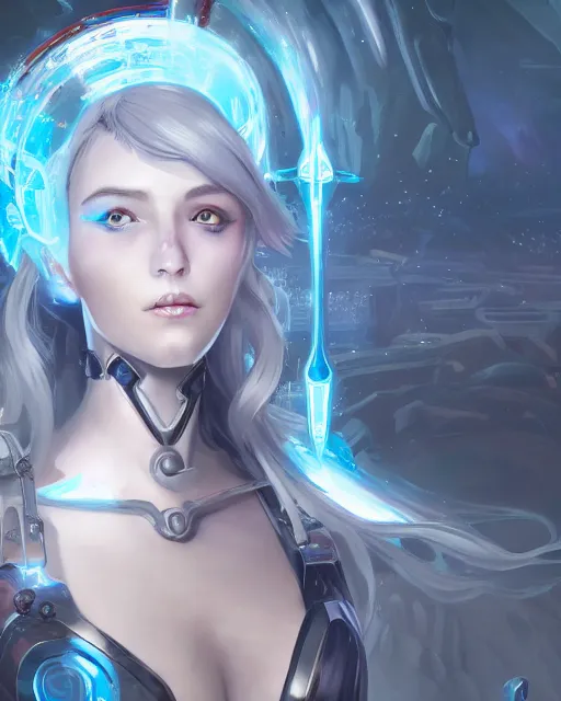 Image similar to holy cyborg necromancer girl, elegant, scifi, futuristic, utopia, garden, illustration, atmosphere, top lighting, blue eyes, white hair, focused, artstation, highly detailed, art by yuhong ding and chengwei pan and serafleur and ina wong