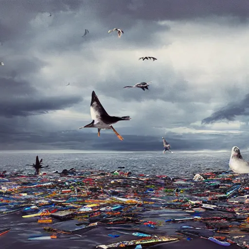 Image similar to on water, enormous huge piles of tyres and garbage floating as islands, seagulls flying in the forecasted sky, dramatic light, rainy weather, wet, detailed, wide shot, 8K mate painting, concept