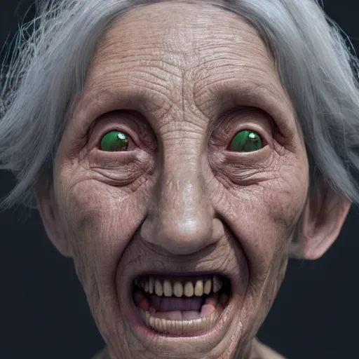 Prompt: very old woman portrait, no teeths, many wrinkles, 8 k, photorealistic, octane render, award winning photography, lovecraft style, horror atmosphere, cinematic, hyper realism,