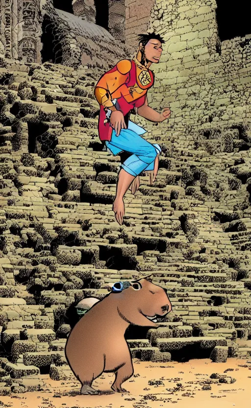 Prompt: an animated capybara exploring some mayan ruins, comic by david finch and frank miller, detailed shading