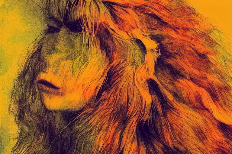 Prompt: An ethereal illustration of a beautiful creature with orange-yellow skin, white eyes and long hair and teeth, in the style of a color photograph. This piece is so surreal I didn't want to make it digital. I wanted to keep the digital as Pixelated as I could. This was told to me through the