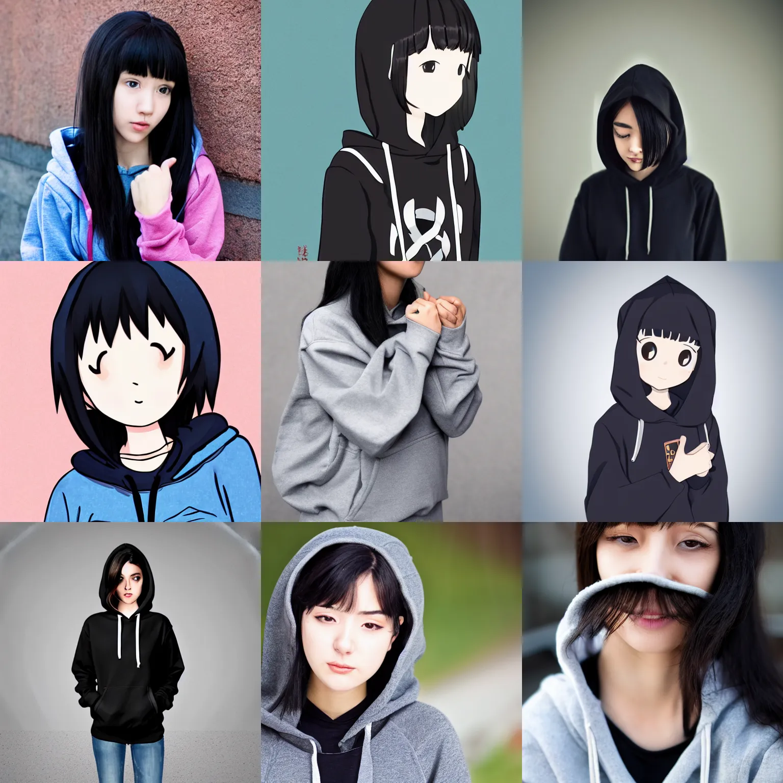 Prompt: black haired girl wearing hoodie, konachan