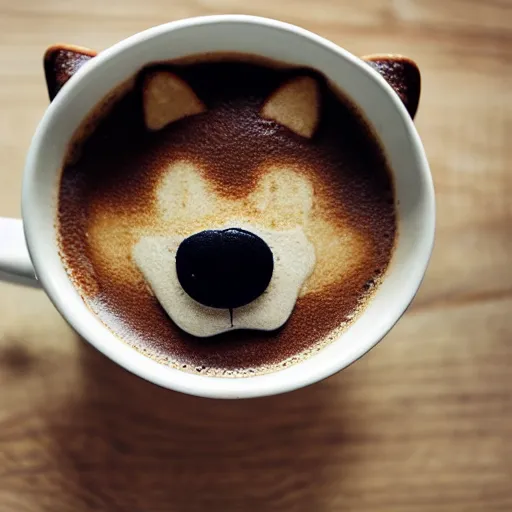 Image similar to close up photo of a cup of coffee, the foam has a shiba inu face, tasty. food photography, photorealistic, beautiful, bokeh, 4 k.